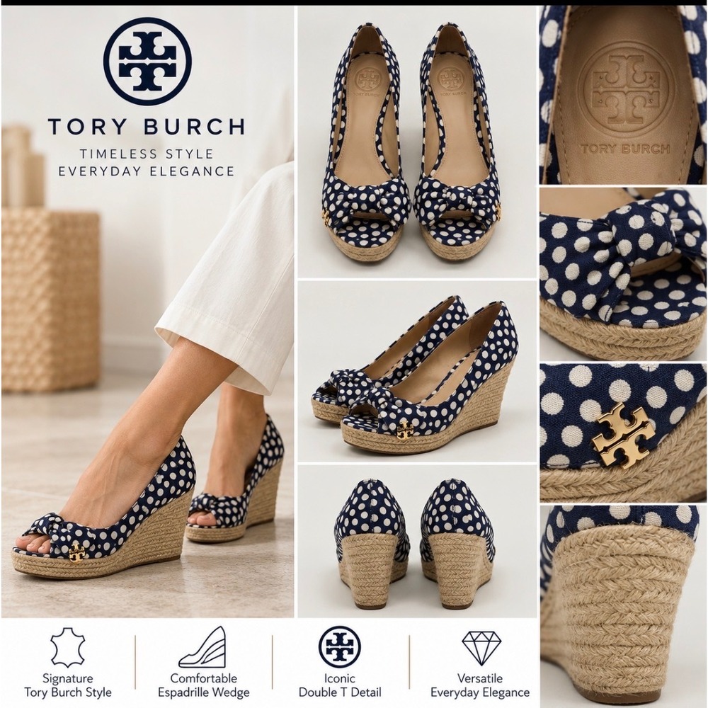 Tory Burch Navy Polka Dot Espadrille Wedge Sandals Bow Double T Logo Size 7.5